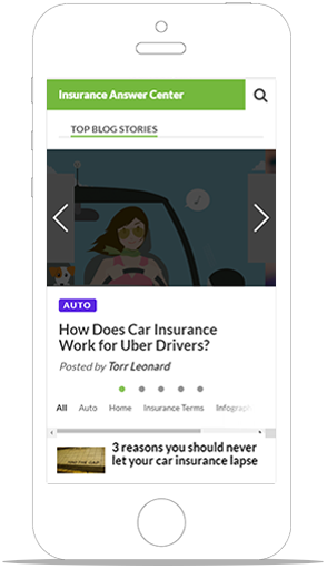 Phone displaying Insurance Center Blog landing page