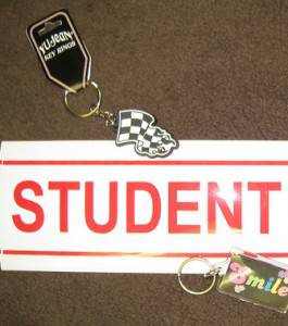 Student driver sign with key tags