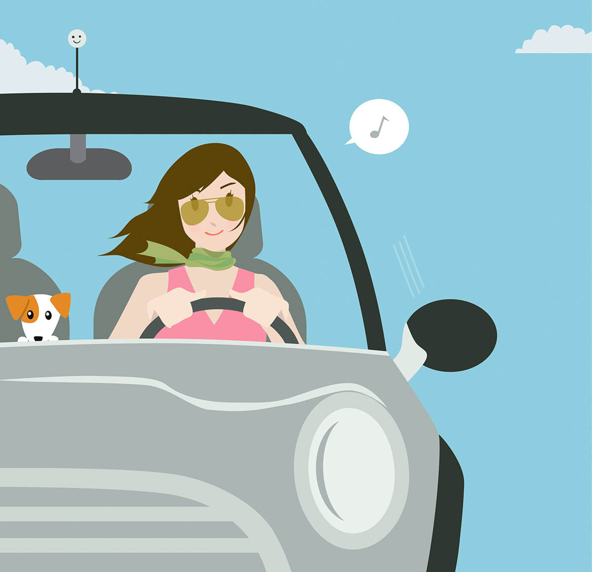 vector graphic image of a woman driving with her pet dog inside car