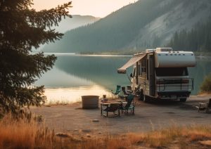 A parked RV in a serene camping site